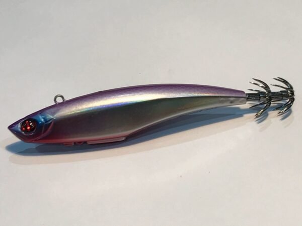 OCEAN RULER MESSIAH 105 SQUID JIG. SILVER REFLECTIVE BELLY AND SIDE BODY AND PURPLE BACK.