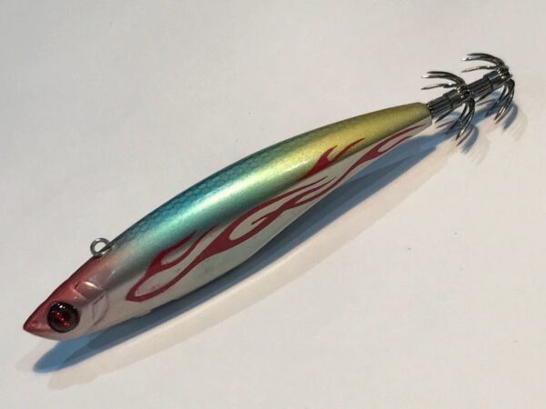 OCEAN RULER MESSIAH 105 SQUID JIG. SILVER BELLY AND MULTI COLOURED UPPER BODY AND RED FLAMES.