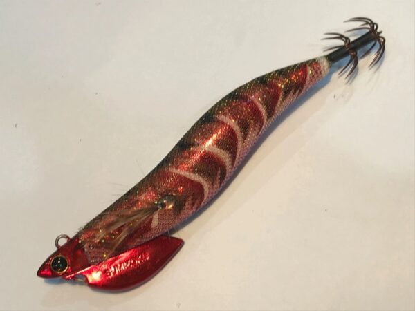 HARIMITSU B2 TIP RUN SQUID JIG. HOLOGRAPHIC RED BODY COPPER GOLD. RED HEAD AND WEIGHT